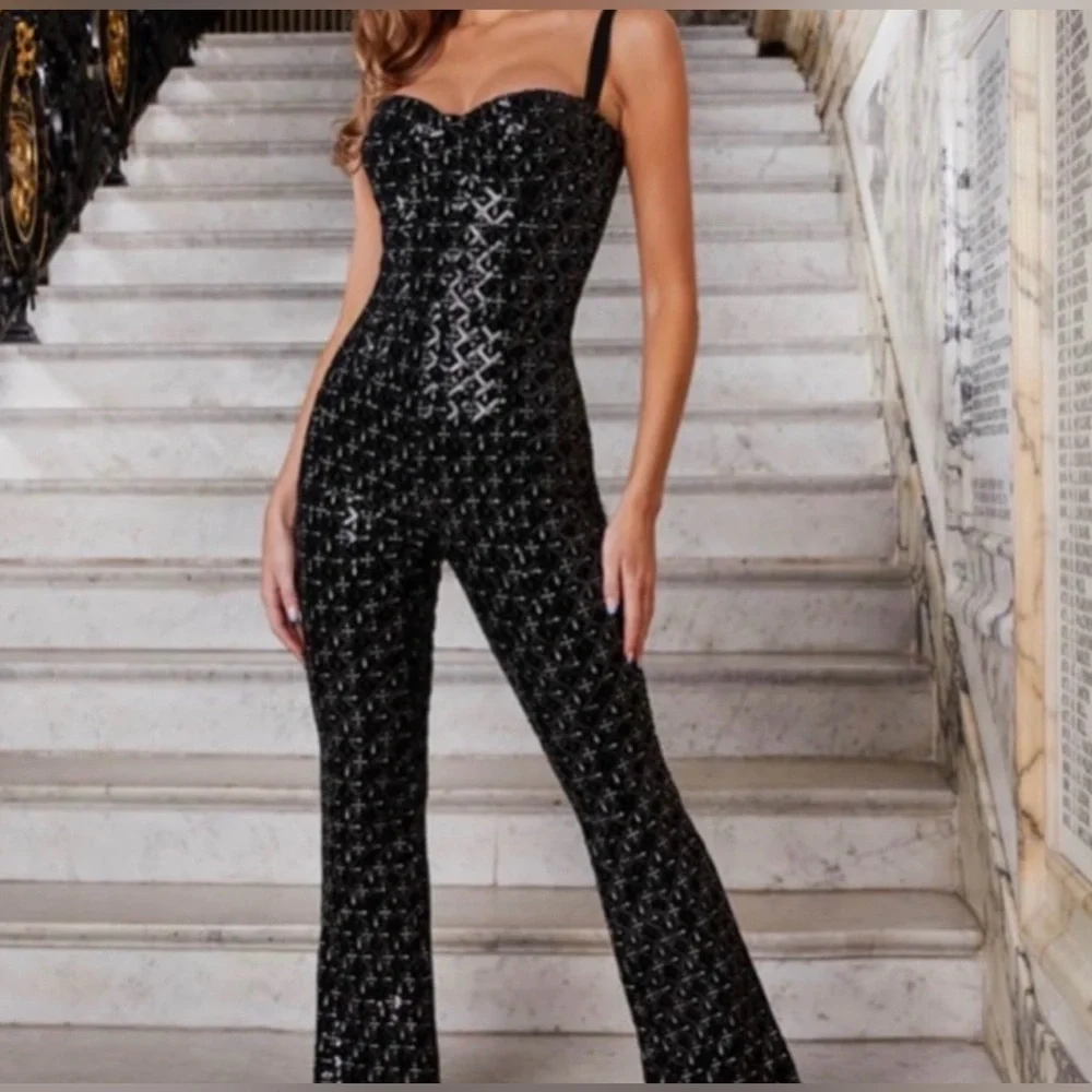NADINE MERABI Black Sequin Jumpsuit - Picture 1 of 16